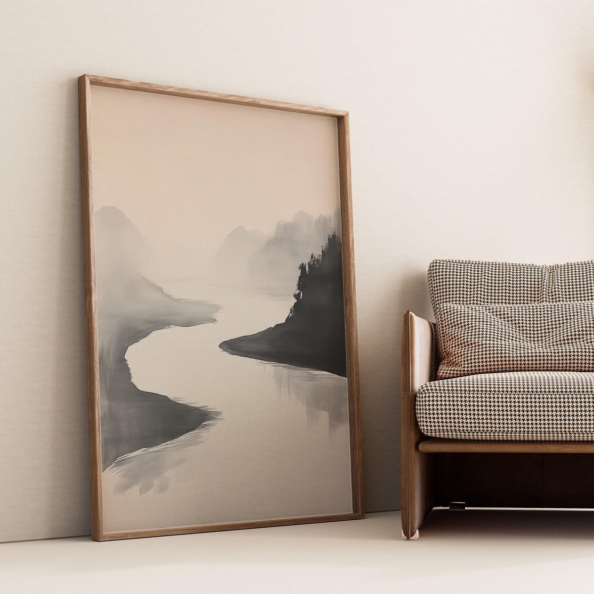 Wabi sabi landscape art in the form of a Japanese ink wash painting.