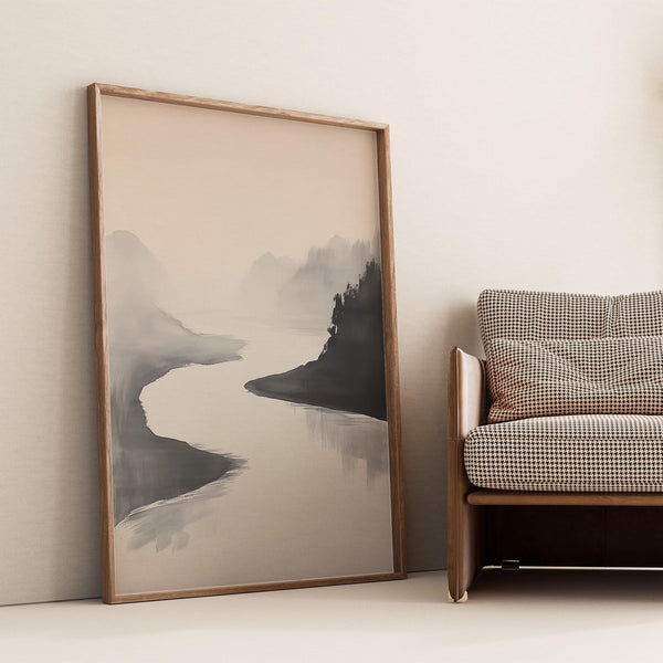 Wabi sabi landscape art in the form of a Japanese ink wash painting.