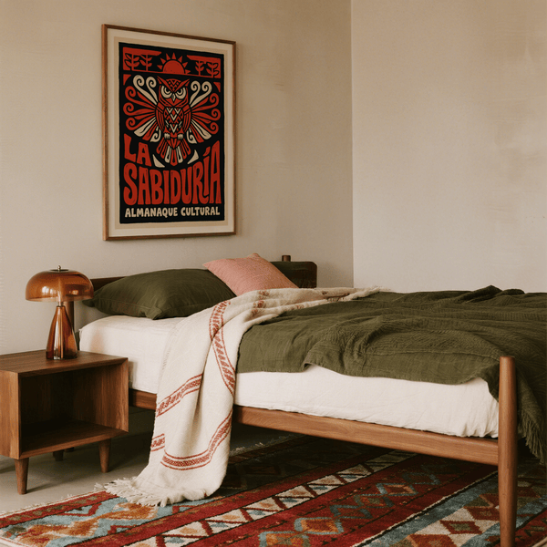 Symmetrical folk-style owl poster with thick linework and decorative curls