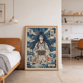 Illustrated ghost figure poster with kimono-like robe and flame accents near the hem