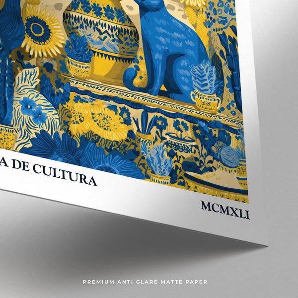 Artistic Mexican cat and plants illustration in Otomi Wall Art style.