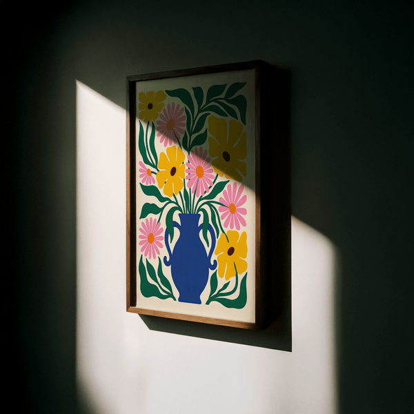 Bright Floral Vase Art Print for dining room, featuring Blue vase, Yellow and Pink blooms, Beige background