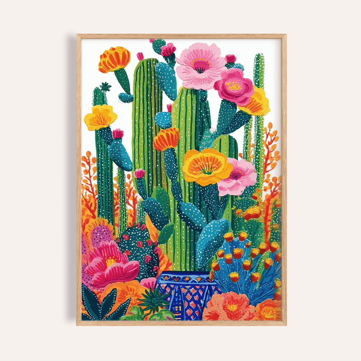 Cactus Floral Wall Art green yellow pink living room poster