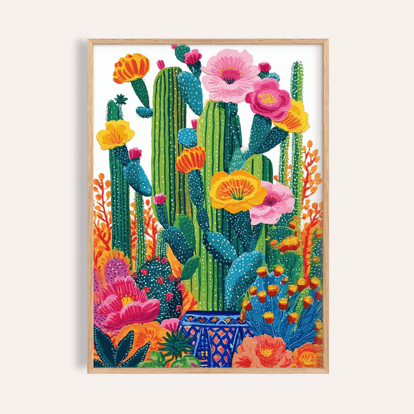 Cactus Floral Wall Art green yellow pink living room poster