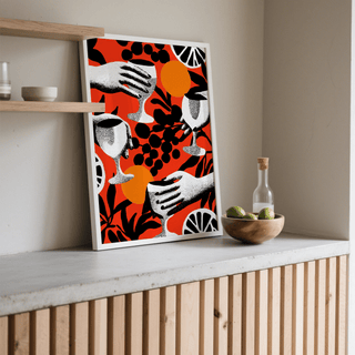 Bold bar poster with cocktail goblets, berry clusters, and strong contrast composition