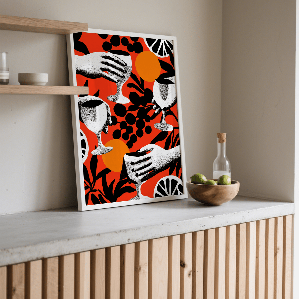 Bold bar poster with cocktail goblets, berry clusters, and strong contrast composition