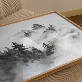 Black and white mountain scenery with a temple on a peak, minimalist mountain art.