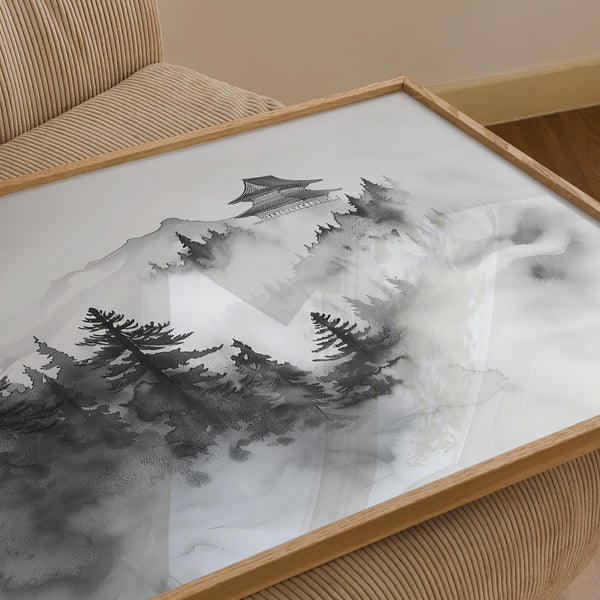 Black and white mountain scenery with a temple on a peak, minimalist mountain art.