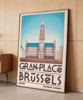 Full Brussels Grand Place Art Print showing symmetrical façade, tall spire, and Belgium text at bottom