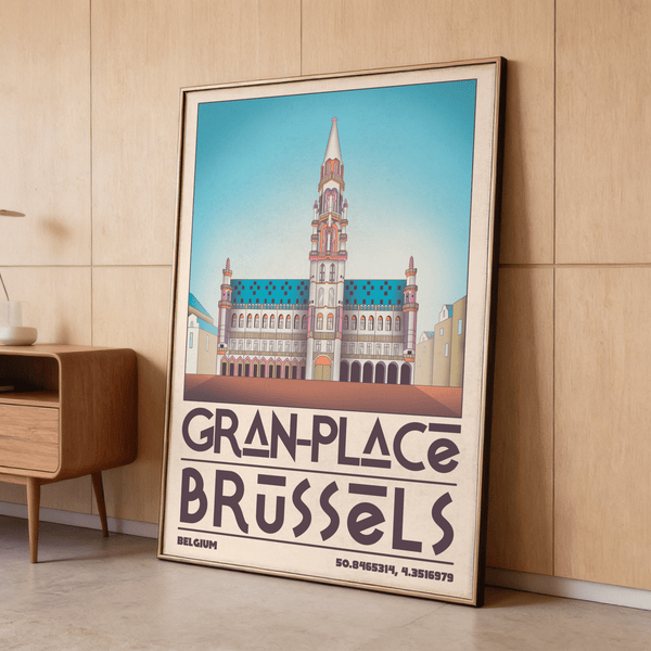 Full Brussels Grand Place Art Print showing symmetrical façade, tall spire, and Belgium text at bottom