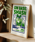 Gin Basil Smash Poster wall art featuring cocktail illustration, Green and Blue colors