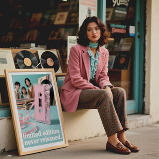 Poster vintage music artwork showcasing cassette tape and vinyl vibes