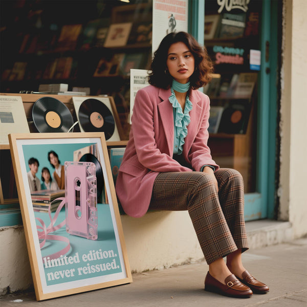 Poster vintage music artwork showcasing cassette tape and vinyl vibes