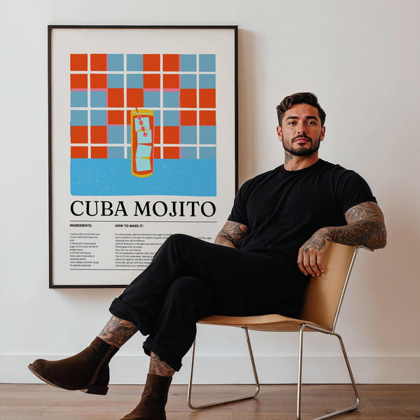 Cocktail wall art showing ingredients and steps for a Cuban Mojito.
