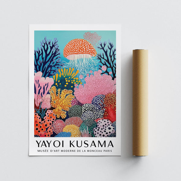 Floating jellyfish in colorful jellyfish wall art with orange, navy, and magenta tones