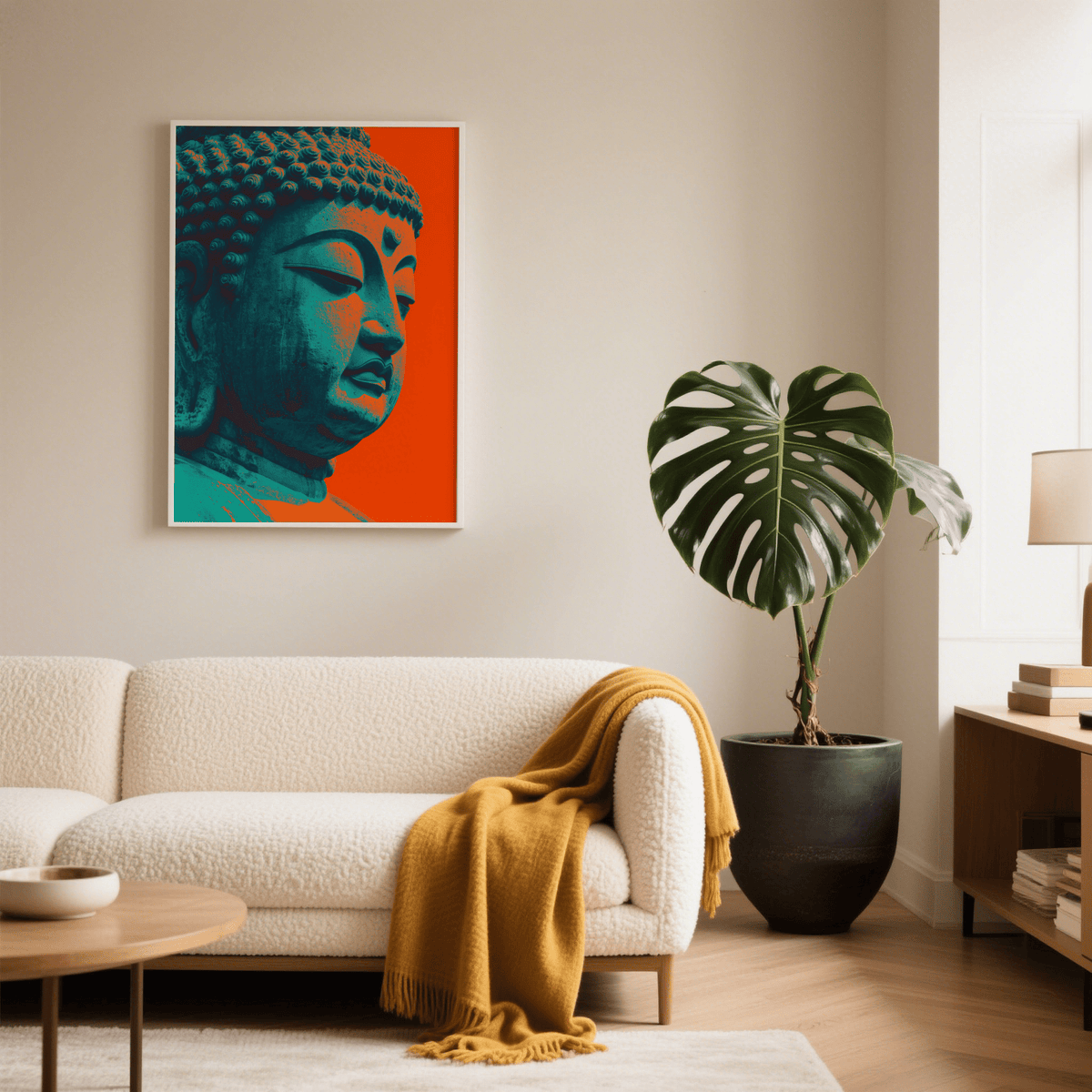 Serene Buddha Wall Art poster, blue and red, living room wall art