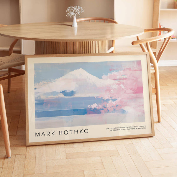 Peaceful bedroom styled with Japanese mountain landscape wall art