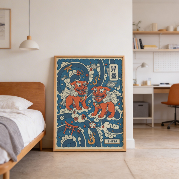 Twin lion-dog guardians with curled manes and drifting leaves on textured background