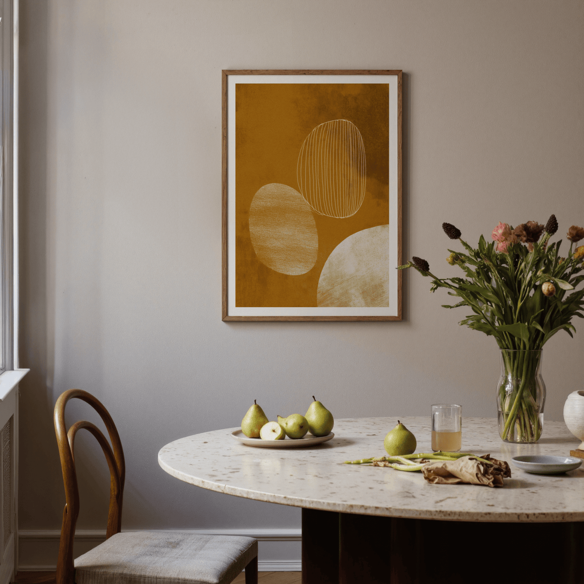Geometric-inspired abstract wall art poster with layered shapes and soft grain