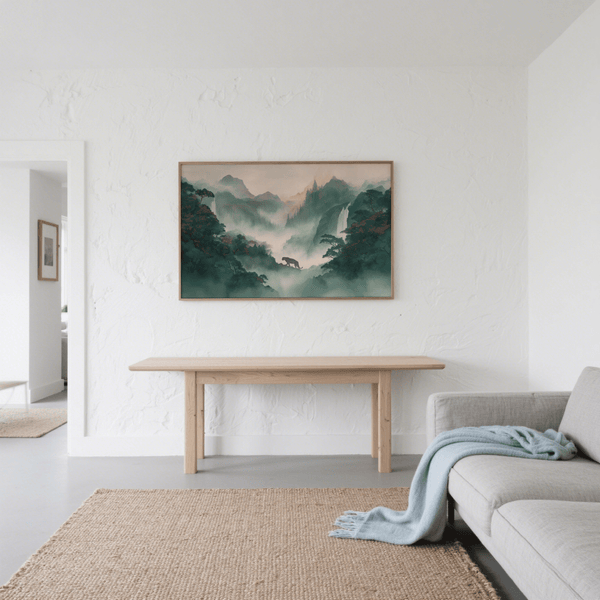 Tiger Landscape Wall Art poster in green and pink, perfect for office wall art