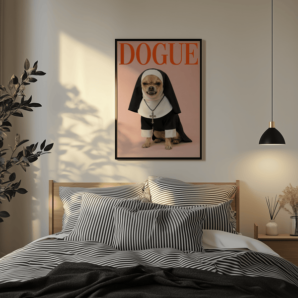 Chihuahua Nun Costume Art poster for playful bedroom in Pink and Red