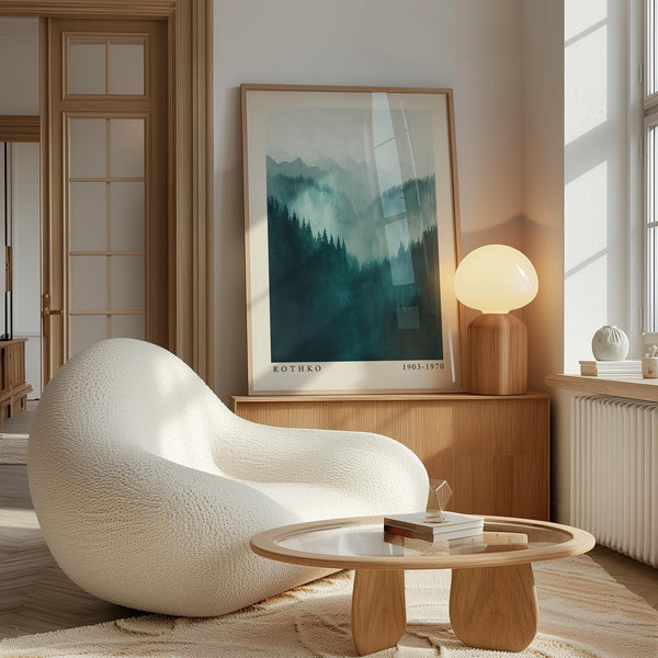 Abstract landscape in blue hues featured in mountain wall art.