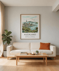 Travel poster style artwork of Auckland marina and distant islands
