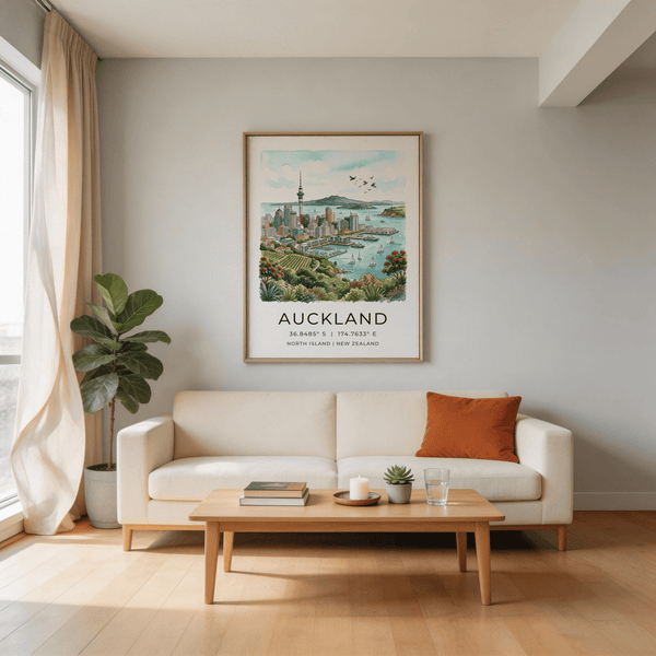 Travel poster style artwork of Auckland marina and distant islands
