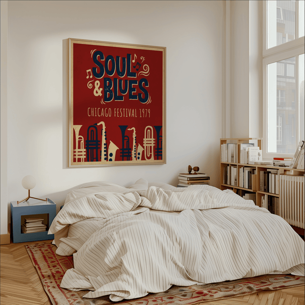 Soul Blues Festival Art poster in Red, Blue, Beige for hallway decor