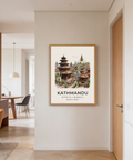 Kathmandu Art Print showing a central tiered temple and a large stupa behind rooftops