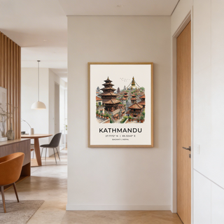 Kathmandu Art Print showing a central tiered temple and a large stupa behind rooftops