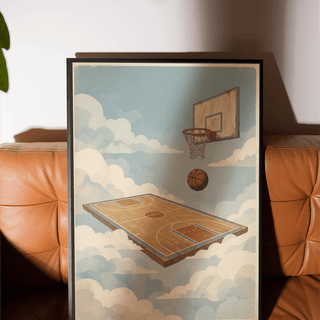 Basketball Court Art Print minimalist sports poster with cloud backdrop