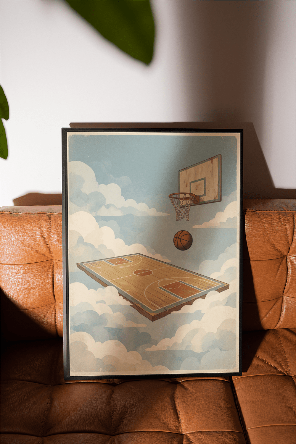 Basketball Court Art Print minimalist sports poster with cloud backdrop