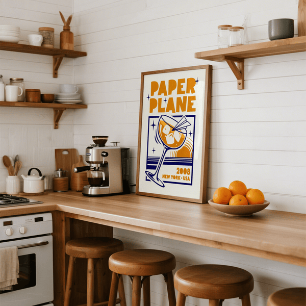 Paper Plane Cocktail Poster for living room bar décor in orange and blue