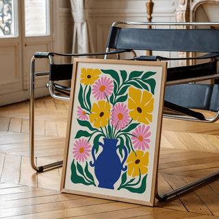 Floral Vase Art Print showcasing Blue, Yellow, Green, and Pink in bedroom poster decor