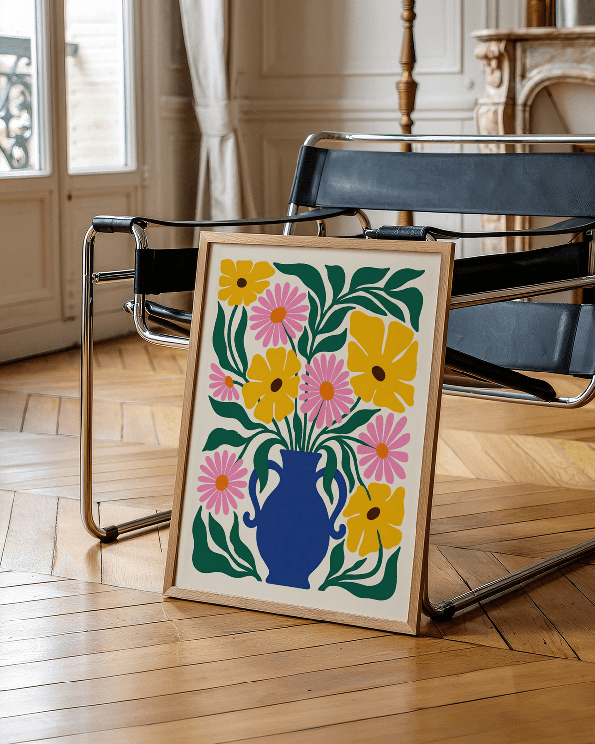 Floral Vase Art Print showcasing Blue, Yellow, Green, and Pink in bedroom poster decor