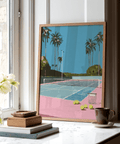 Close view of Tropical Tennis Wall Art poster showing court lines, net, and palms