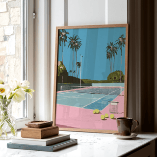 Close view of Tropical Tennis Wall Art poster showing court lines, net, and palms