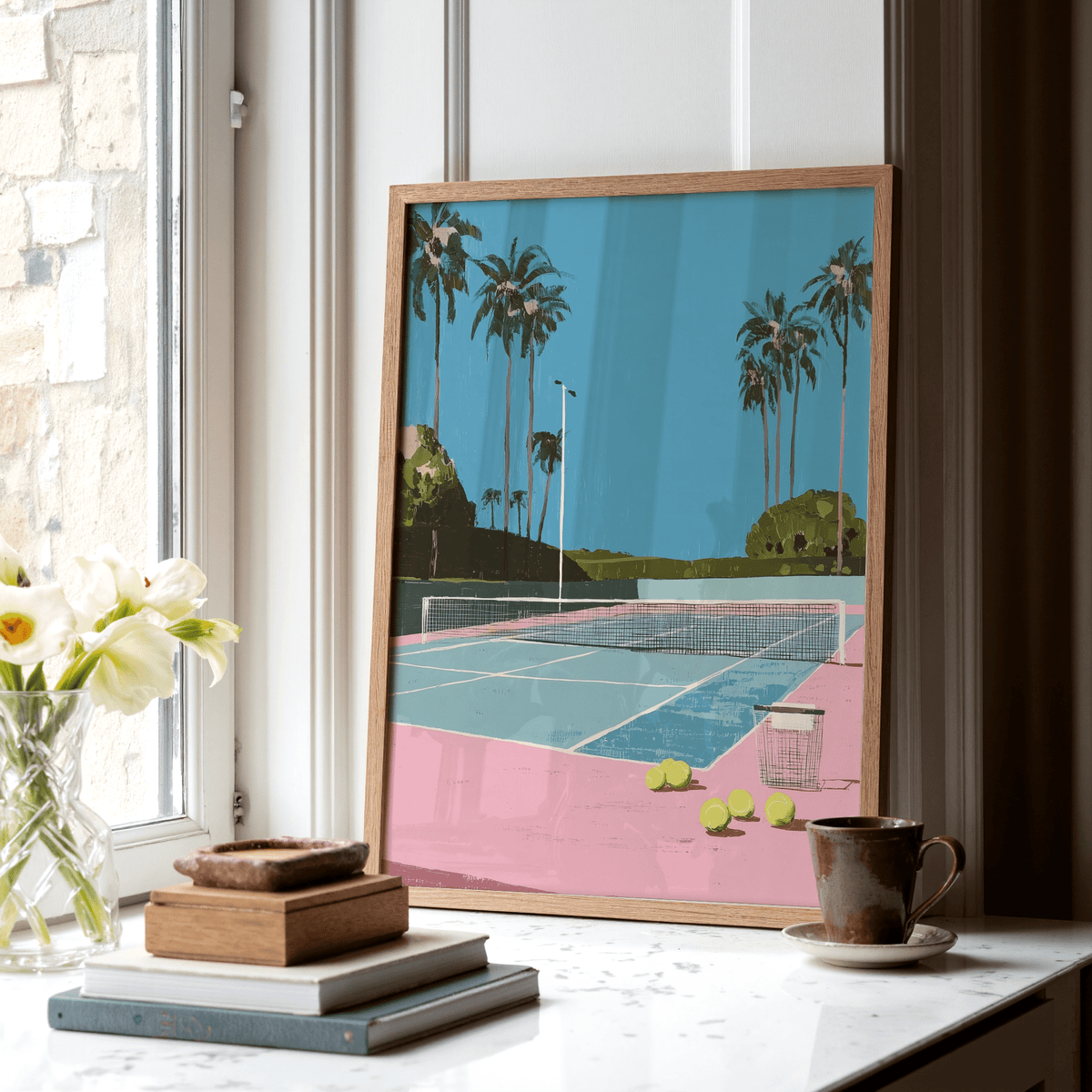 Close view of Tropical Tennis Wall Art poster showing court lines, net, and palms