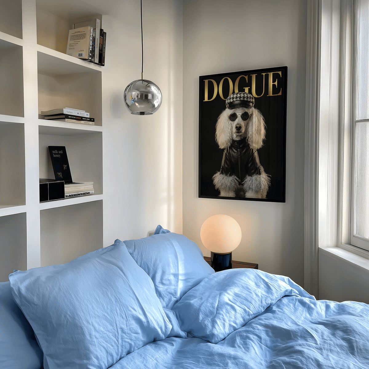 Dog Fashion Print featuring Black jacket, White fur, for living room art print