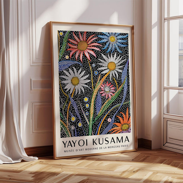 Abstract botanical wall art with red and white daisies on a black dotted background.