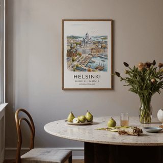 Harbor scene wall art print with ferry, small boats, and waterside buildings in Helsinki