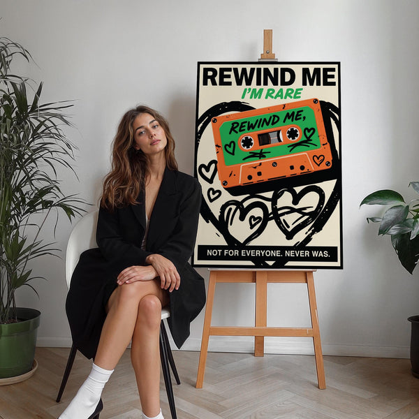 Retro cassette wall art saying “Rewind Me I’m Rare” in playful tone.