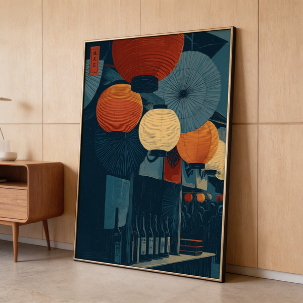 Graphic street-market scene poster with lanterns and bottle silhouettes