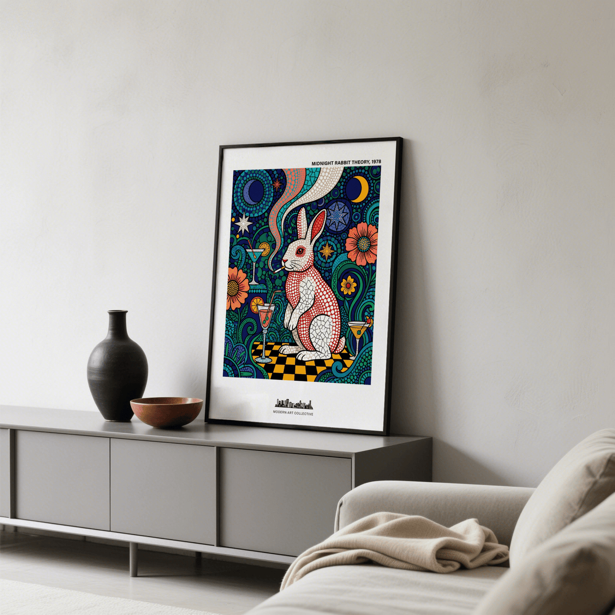 Depicting a graphic rabbit poster with swirling circular patterns and moon shapes