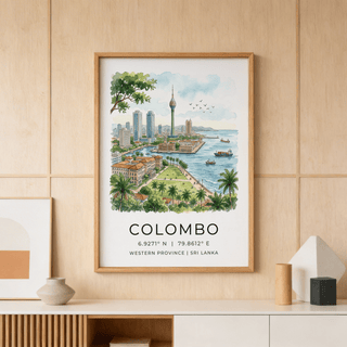 Cityscape wall art of Colombo with tall tower, high-rise buildings, and bay scene