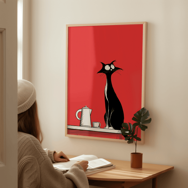 Whimsical Cat Wall Art kitchen print, black cat, red and white color scheme