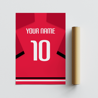Minimal South Korea Football Shirt Poster illustrating red kit back and striped hem