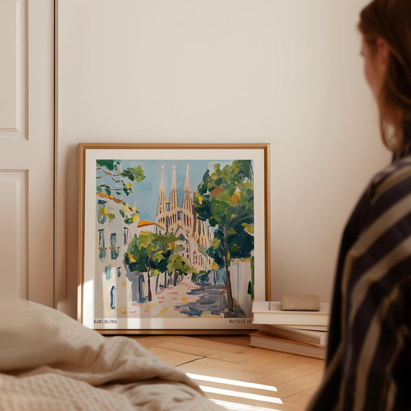 Tree-lined street leading to Barcelona’s cathedral in painterly Travel Wall Art.