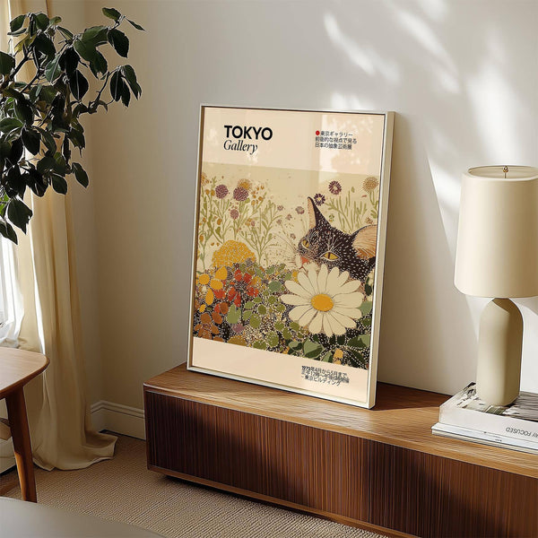 Contemporary vintage cat wall art with muted earthy tones